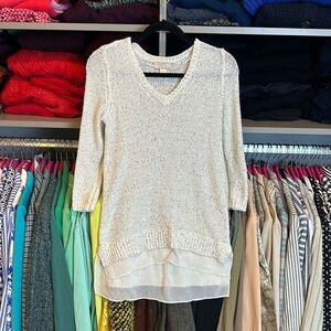 Loft white with sequins multimedia long sleeve v neck tunic sweater size SP